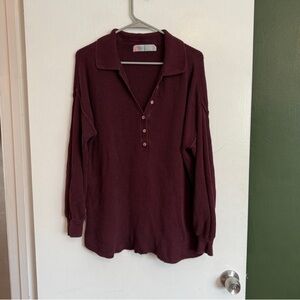free people beach maroon collared 1/4 button oversized linen cotton sweater